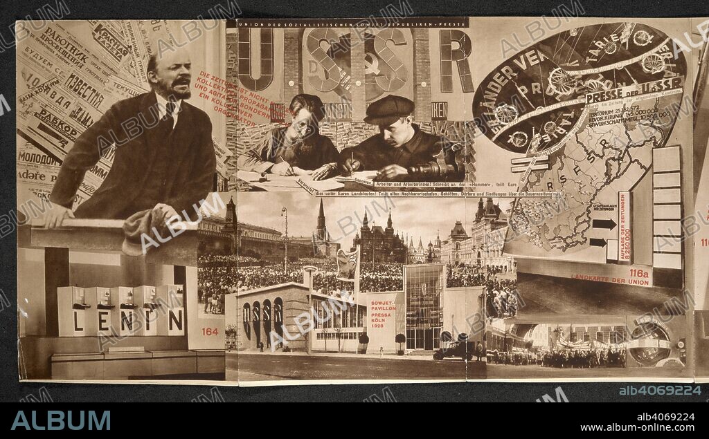LAZAR MARKOVICH LISITSKY. A photographic collage of images, one showing Lenin, for the International Press Exhibition 1928. Union der Sozialistischen Sowjet-Republiken. Katalog des Sowjet-Pavillons auf der Internationalen Presse-Ausstellung KoÌˆln 1928. (Umschlag, Typo- und Photogestaltung: El Lissitzky.). International Press Exhibition (1928 : Cologne, Germany) KoÌˆln, [1928]. Source: C.132.b.2 after page 16, part 1.