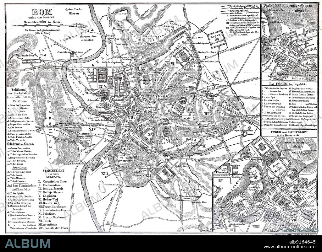 City map of Rome from the time of the Roman Emperors, Emperor Augustus, Italy, Historical, digitally restored reproduction of an original from the 19th century, exact original date not known