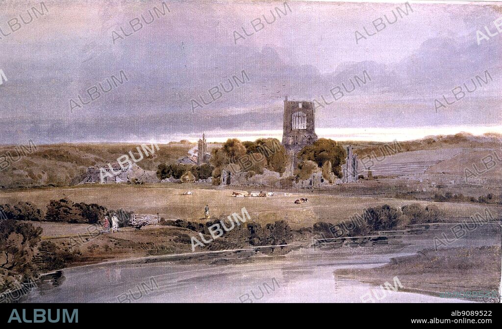 Kirkstall Abbey Yorkshire - 1801. by Thomas Girtin. V & A. As young men, the friends J.M.W. Turner and Thomas Girtin were employed by Dr Thomas Monro, the physician who tended Cozens after he lost his sanity, to copy drawings by Cozens and other artists. One of Girtin's most spectacular conceptions is Kirkstall Abbey, Yorkshire - Evening, a watercolour of around 1801, based upon sketches of the ruined Cistercian abbey of Kirkstall, near Leeds. Its dramatic lighting, solemn palette and panoramic scale recall earlier Dutch landscapes, while the motif of a church tower at sunset had become a commonplace since the publication in 1751 of Gray's most celebrated work, the Elegy Written in a Country Churchyard. The powerful impact of this composition is achieved by the contrast between the sombre palette and simple forms and the vivid streak of sunset light between the horizon and the clouds. Thomas Girtin (18 February 1775 - 9 November 1802), was an English painter and etcher, who played a key role in establishing watercolour as a reputable art form. He was born in Southwark, London, the son of a well-to-do brushmaker of Huguenot descent. Girtin learnt drawing as a boy, and was apprenticed to Edward Dayes (1763-1804), a topographical watercolourist. While still a youth Girtin became friends with J. M. W. Turner and two teenagers were employed to colour prints with watercolour, which was the main use of the medium at that time. Girtin exhibited at the Royal Academy from 1794. His architectural and topographical sketches and drawing soon established his reputation, his use of watercolour for landscapes being such as to give him the credit of having created modern water-colour painting. ©2006 TopFoto.