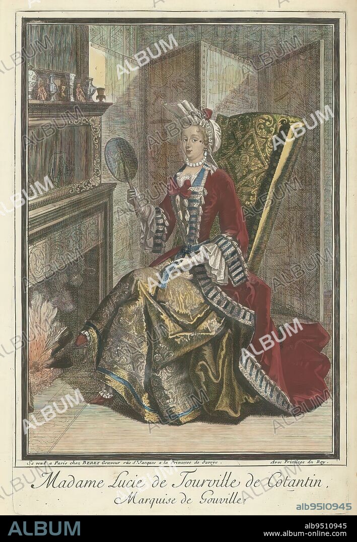 Madame Lucie de Tourville de Cotantin, Marquise de Gouville, Madame Lucie de Tourville de Cotantin seated by fireplace, fire screen in hand. Red over garment over a gold undergarment. Fontange hairstyle with - hat. Behind her a folding screen., print maker: Claude Auguste Berey, publisher: Claude Auguste Berey, (mentioned on object), Lodewijk XIV (koning van Frankrijk), (mentioned on object), print maker: France, publisher: Paris, c. 1690 - c. 1695, paper, etching, height 300 mm × width 200 mm.