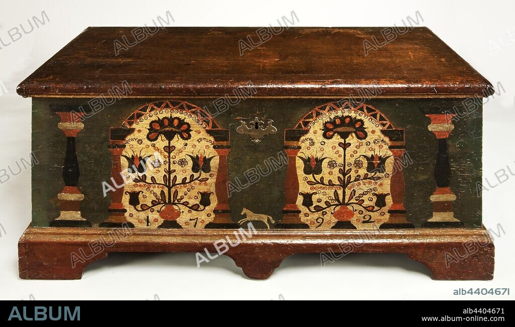 American, Pennsylvania German: Chest, American, Pennsylvania German, 1792, Painted wood, Wooden chests were used in Pennsylvania German households of the 18th and 19th centuries to store personal items and documents, and also occasionally served as seating. Note the painted columns on the front and sides. They evoke the more sophisticated chests produced for the upper classes in Renaissance Germany, which often had elaborately carved architectural elements., Overall: 23 5/8 x 50 1/4 x 22 1/4 in. (60 x 127.6 x 56.5 cm).