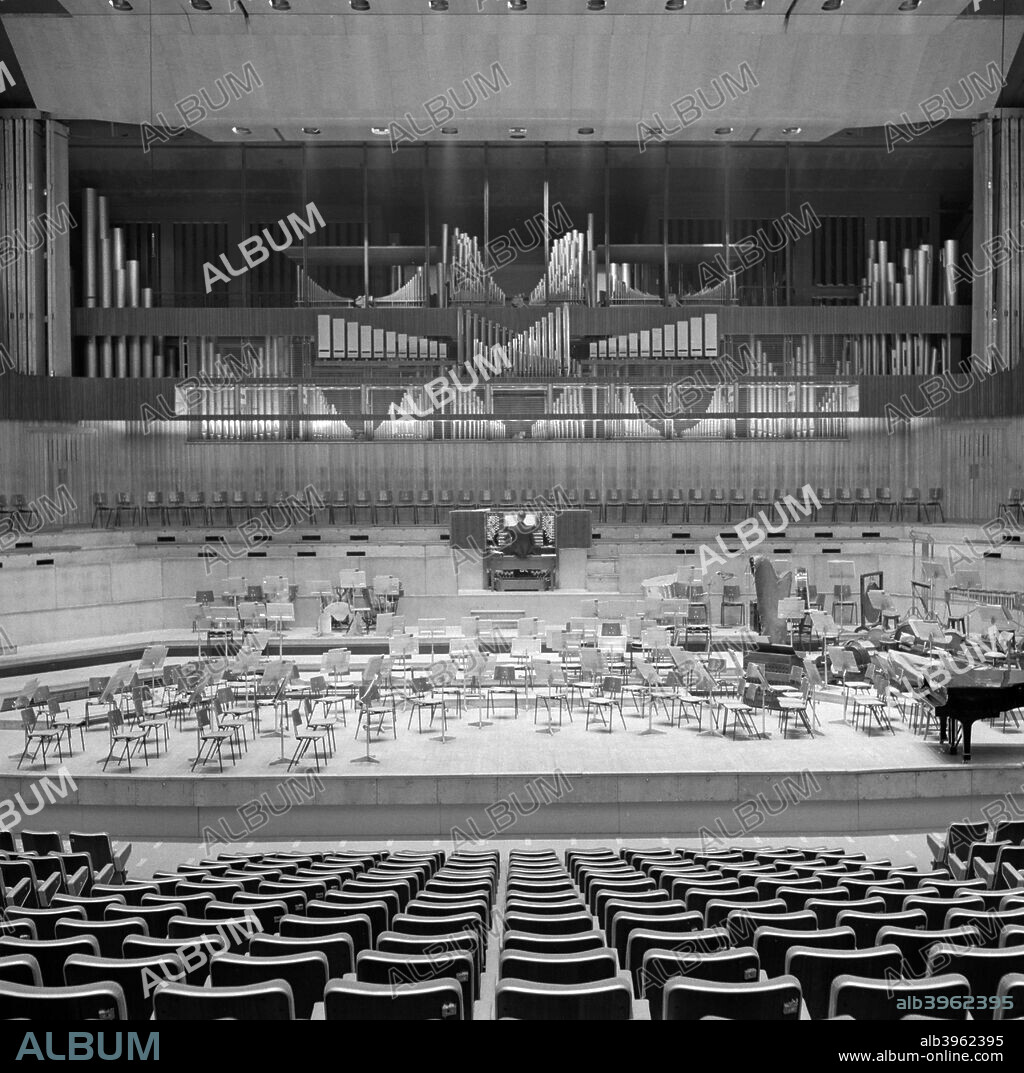 Royal Festival Hall, Belvedere Road, South Bank, Lambeth, London, c1954-1962. The stage with seating for an orchestra. The Royal Festival Hall was designed by Sir Robert Matthew, Leslie Martin and Peter Moro. It was built in 1949-1951 as a concert hall for the Festival of Britain.
