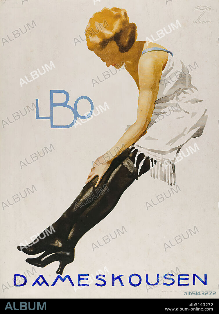 Ludwig Hohlwein, Hermann Sonntag & Co, LBO - Dameskousen, paper, lithography, total: height: 32.5 cm; width: 23.5 cm, signed: recto o. r. in print: LUDWIG HOHLWEIN, MUNICH, product advertising (posters), stockings, socks, woman, femininity, fashion, clothing, women's fashion.