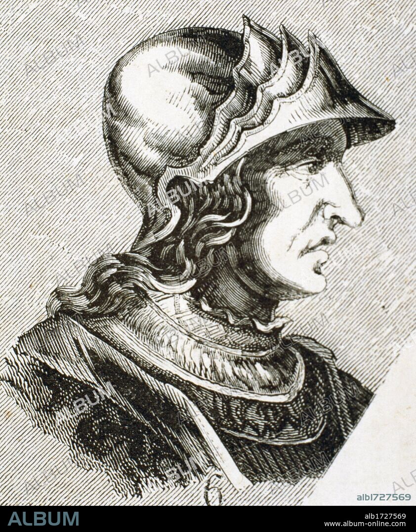 TEODORICO II. Rey visigodo (454 a 466), hijo de Teodorico I. Subió al trono tras asesinar a su hermano Turismundo. Grabado.