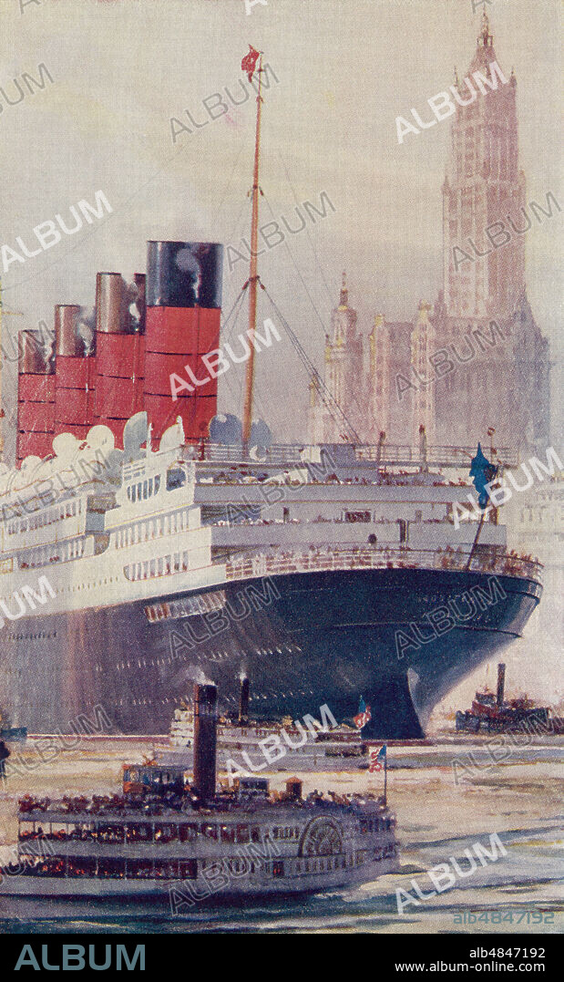 The British ocean liner RMS Lusitania on the Hudson River, New York in 1909, during the Hudsonâ€“Fulton Celebration.  From The Book of Ships, published c.1920.