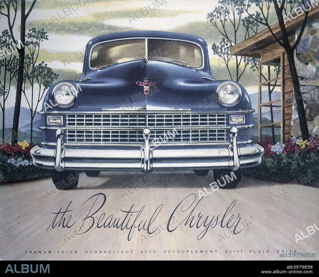 Poster advertising a Chrysler, 1946. Pictured from the front, emphasising the bumper and grille, and parked in a driveway.