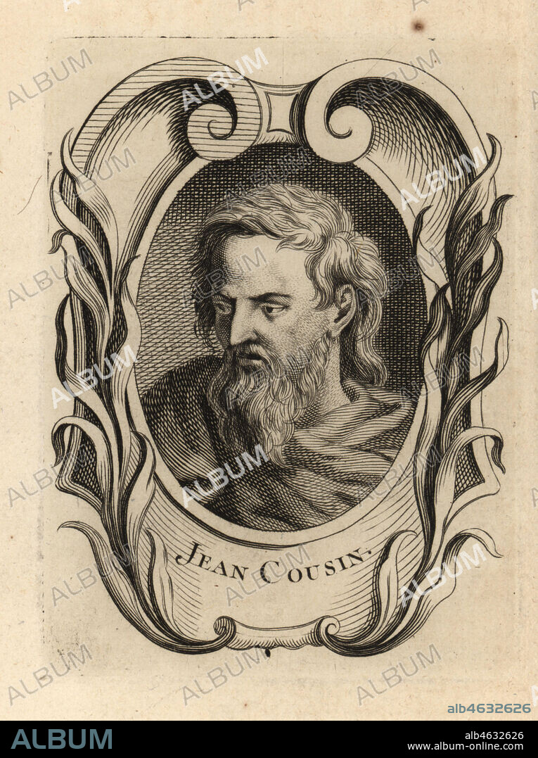 Portrait of Jean Cousin the elder, French painter, sculptor etcher and engraver. 1500-1593. Copperplate engraving from Antoine-Joseph Dezallier dArgenvilles Abrege de la vie des plus fameux peintres, Lives of the most Famous Artists, de Bure lAine, Paris, 1762.