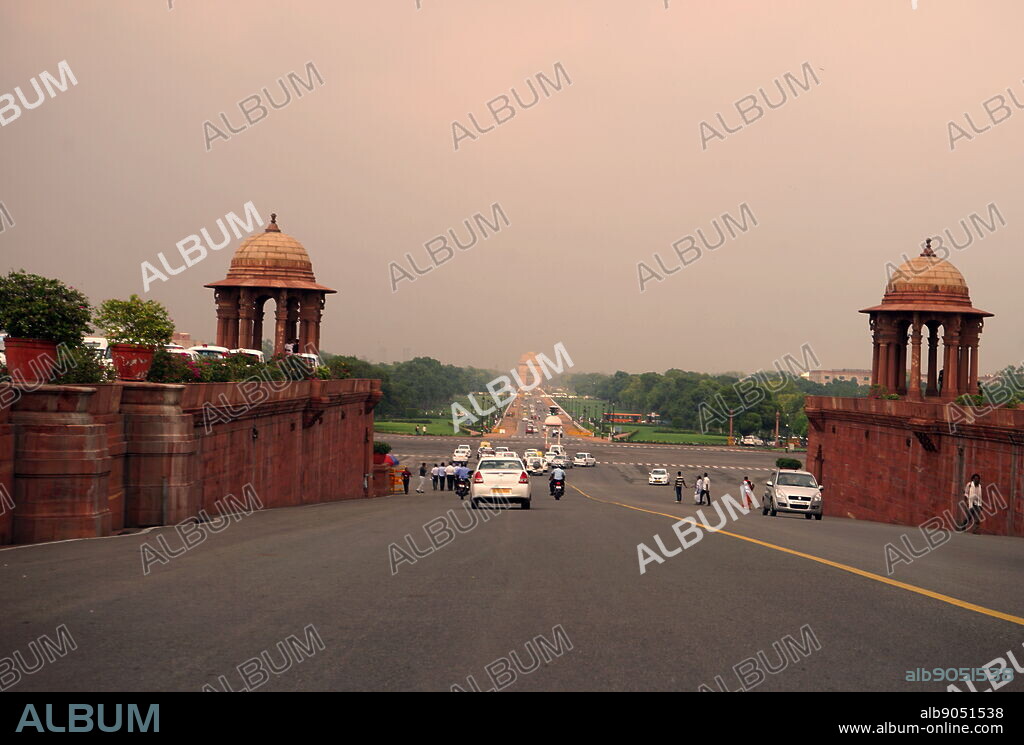 View from Rajpath Marg to India Gate, Delhi India. Rajpath (meaning 'King's Way') is a ceremonial boulevard in New Delhi, India, that runs from Rashtrapati Bhavan on Raisina Hill through Vijay Chowk and India Gate to the National Stadium. The avenue is lined on both sides by huge lawns, canals and rows of trees. It was designed by Edward Lutyens.