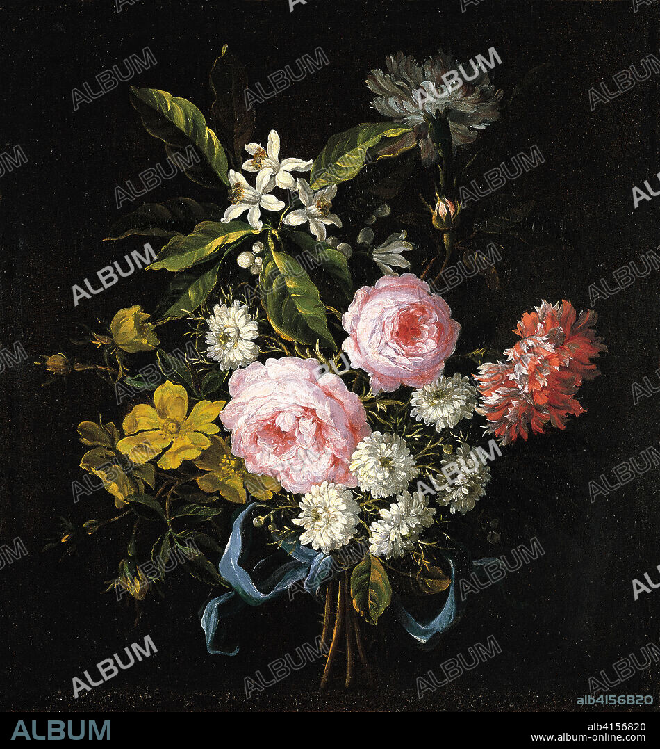 JEAN BAPTISTE MONNOYER. Jean-Baptiste Monnoyer (Lille, 1636-Londres, 1699). Ramo compuesto por manzanilla, rosas francesas y otras flores (s.f). Óleo sobre lienzo. 37 x 34,4 cm.
