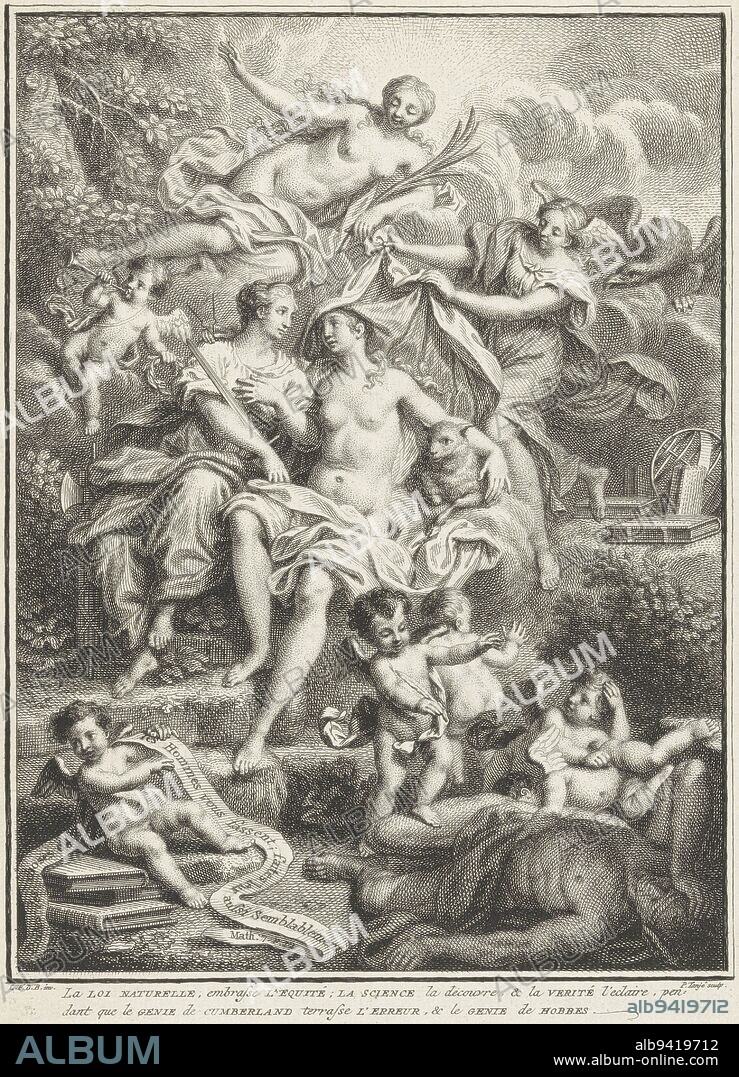 Title page for a book by Richard Cumberland, in which he contests the ideas of Thomas Hobbes. The Law of Nature, in the person of Venus, embraces Equality. It holds a sword in its hand. The Law of Nature is unveiled by Science and enlightened by Truth. Putti, who personify the genius of the writer Richard Cumberland, overcomes the Error of Thomas Hobbes, who lies on the ground. In the lower margin a two-line French text, Natural Law unveiled by Science Title page for: Richard Cumberland, Traité philosophique des loix naturelles, 1744., print maker: Pieter Tanjé, (mentioned on object), Louis Fabritius Dubourg, (mentioned on object), publisher: Pieter Mortier (II), Amsterdam, 1744, paper, etching, h 237 mm × w 175 mm.