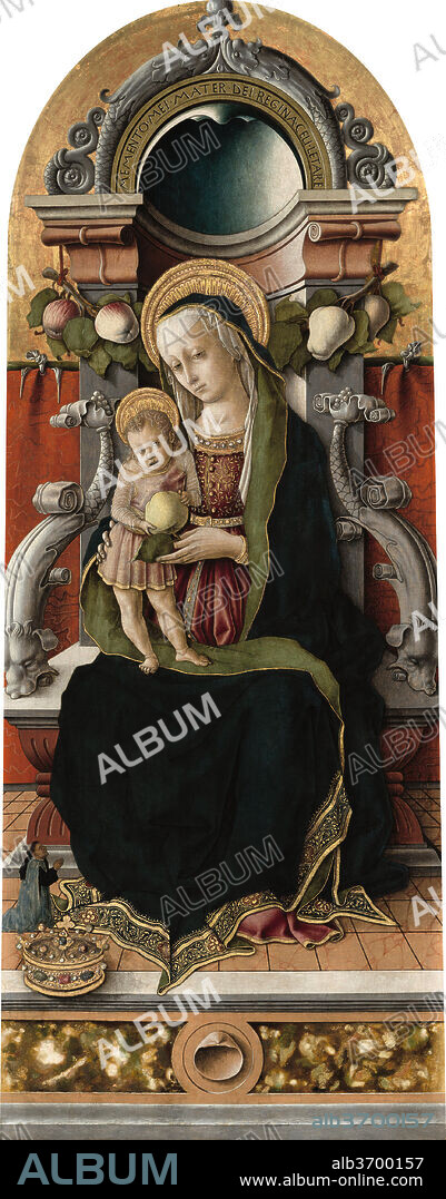 CARLO CRIVELLI. Madonna and Child Enthroned with Donor. Dated: 1470. Dimensions: painted surface: 125.3 x 50.7 cm (49 5/16 x 19 15/16 in.)  overall (including unpainted margins): 129.5 x 54.4 cm (51 x 21 7/16 in.)  framed: 185.4 x 91.8 x 7.9 cm (73 x 36 1/8 x 3 1/8 in.). Medium: tempera on poplar panel.