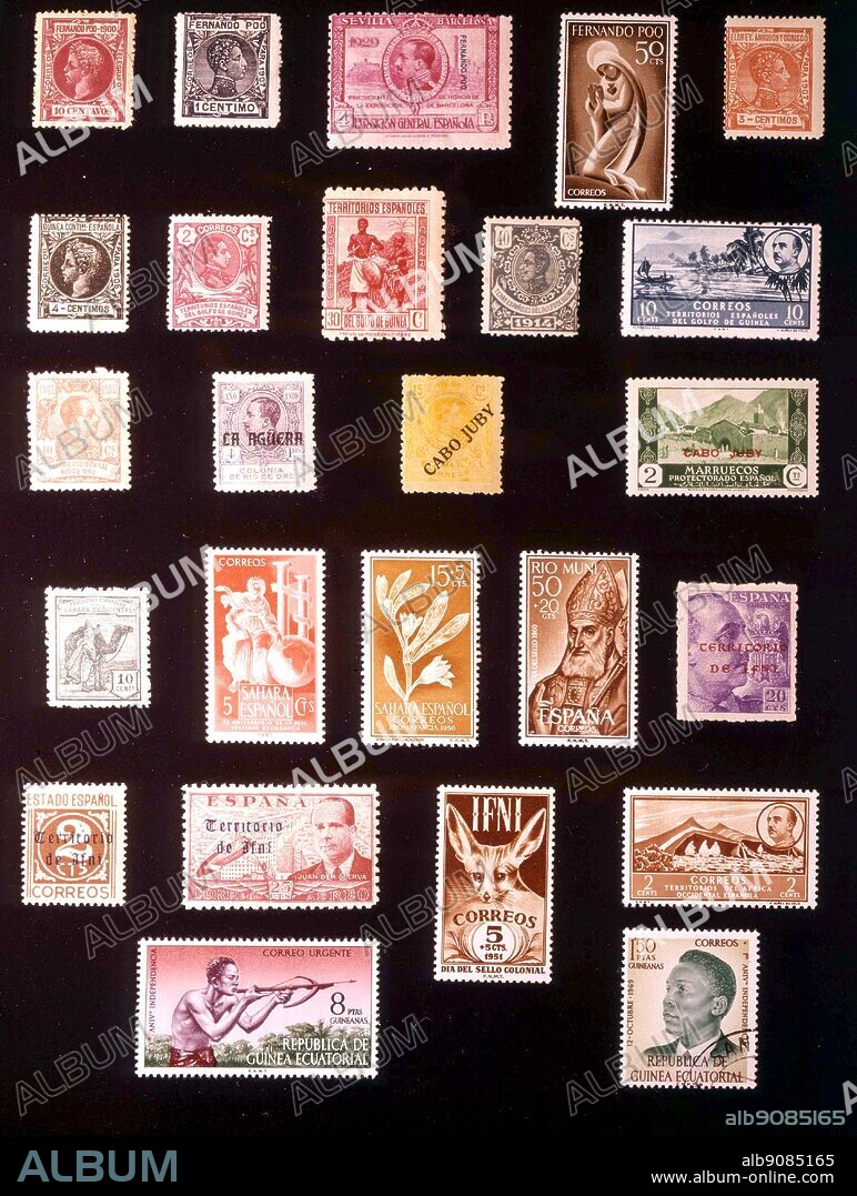 AFRICA - SPANISH AFRICA: (left to right) 1. Fernando Poo, 10 centavos, 1900, 2. Fernando Poo, 1 centimo, 1907, 3. Fernando Poo, 4 pesetas, 1929, 4. Fernando Poo, 50 centimos, 1960, 5. Elobey, Annobon and Corisco, 3 centimos, 1907, 6. Spanish Guinea, 4 centimos, 1905, 7. Spanish Guinea, 2 centimos, 1909, 8. Spanish Guinea, 30 centimos, 1931, 9. Spanish Guinea, 40 centimos, 1914, 10. Spanish Guinea, 10 centimos, 1949, 11. Rio de Oro, 10 centimos, 1921, 12. La Aguera, 4 pesetas, 1923, 13. Cape Juby, 15 centimos, 1919, 14. Cape Juby, 2 centimos, 1935, 15. Spanish Sahara, 10 centimos, 1924, 16. Spanish Sahara, 5 centimos, 1953, 17. Spanish Sahara, 15 + 5 centimos, 1956, 18. Rio Muni, 50 + 20 centimos, 1960, 19. Ifni, 20 centimos, 1941, 20. Ifni, 2 centimos, 1949, 21. Ifni, 25 centimos, 1950, 22. Ifni, 5 + 5 centimos, 1951, 23. Spanish West Africa, 2 centimos, 1950, 24. Equatorial Guinea, 8 pesetas, 1972, 25. Equatorial Guinea, 1.50 pesetas, 1970,.