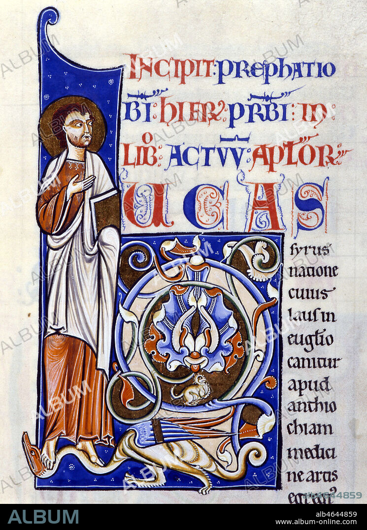 Lettrine "L" enluminée tirée du début du Livre des Actes des Apôtre de saint Luc (Nouveau Testament) relatant les débuts de la première communauté chrétienne de Jérusalem et les voyages missionnaires de saint Paul. Ce manuscrit sur parchemin est une vulgate: traduction latine de la Bible par Saint Jérôme. Biblia sacra ex translatione S. Hieronymi, 1170-1180 - 12ème siècle. Credit obligatoire: BMIU-Clermont-F/photo Grob - Kharbine-Tapabor.