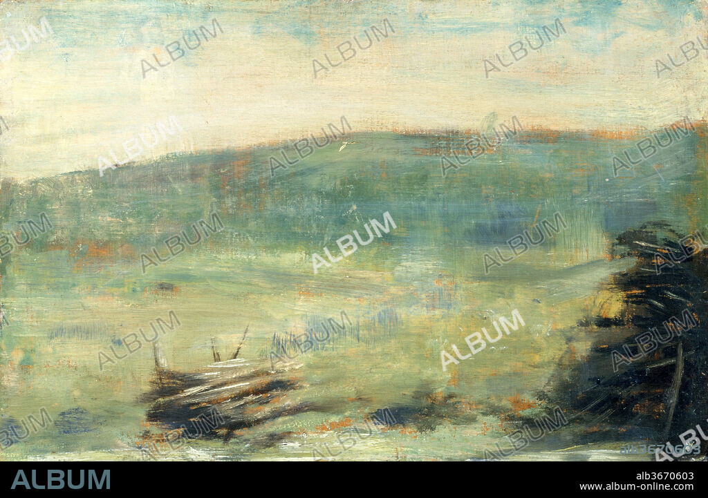 Landscape at Saint-Ouen. Artist: Georges Seurat (French, Paris 1859-1891 Paris). Dimensions: Overall 6 7/8 x 10 3/8 in. (17.5 x 26.4 cm); painted surface 6 5/8 x 10 in. (16.8 x 25.4 cm). Date: 1878 or 1879.
Dated to 1878 or 1879, this is the earliest known of Seurat's landscape oil sketches. His good friend, the artist Aman-Jean, remembered him painting it on site at Saint-Ouen, a northern suburb of Paris. Seurat introduced warm, orangey-brown hues into the composition by allowing the wood panel support to show through between his brushstrokes. This work was originally part of a double-sided panel that was divided after 1950 into two separate pictures. The other side, now in the Musée d'Orsay, Paris, features a landscape with a copy after Puvis de Chavannes's <i>The Poor Fisherman</i> (1881; Musée d'Orsay).