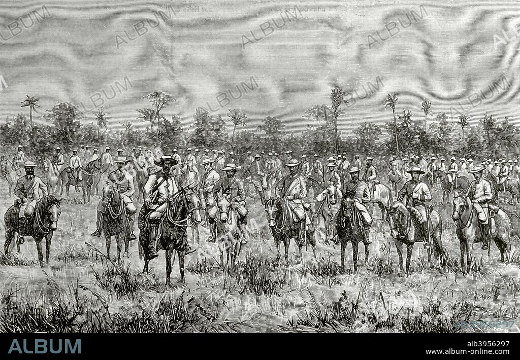 Island of Cuba. The Ten Years' War (1868-1878). It was part of Cuba's fight for independence from Spain. On October 10, 1868, Carlos Manuel de Cespedes and his followers proclaimed independence, starting the conflict. A squad of Cuban volunteers cautiously advancing in an exploration service. Engraving by Capuz. La Ilustracion Espa–ola y Americana, December 30, 1876.
