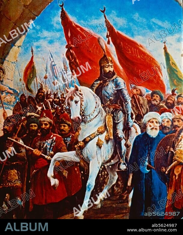Mehmet II le Conquérant ou Mehmed II Fatih ; 7e sultan de l'empire ottoman ; il fut à l'origine de la chute de Constantinople le 29.5.1453 ; 1432 - 1481. - Mehmed entre à Constantinople après sa conquête en 1453. - Peinture, 19e siècle.