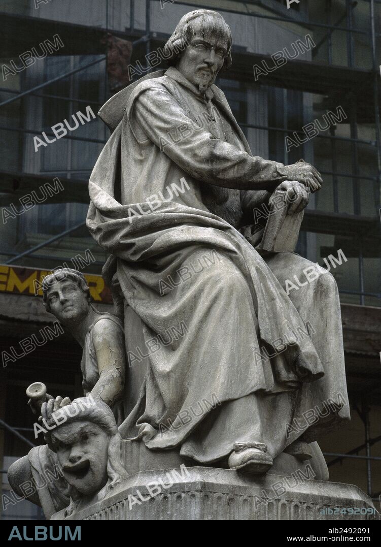 Pedro Calderon de la Barca (1600-1681). Dramatist, poet and writer of the Spanish Golden Age. Statue by Juan Figueras Vila (1829-1881) in 1876. Marble. Saint Anne Square. Madrid. Spain.