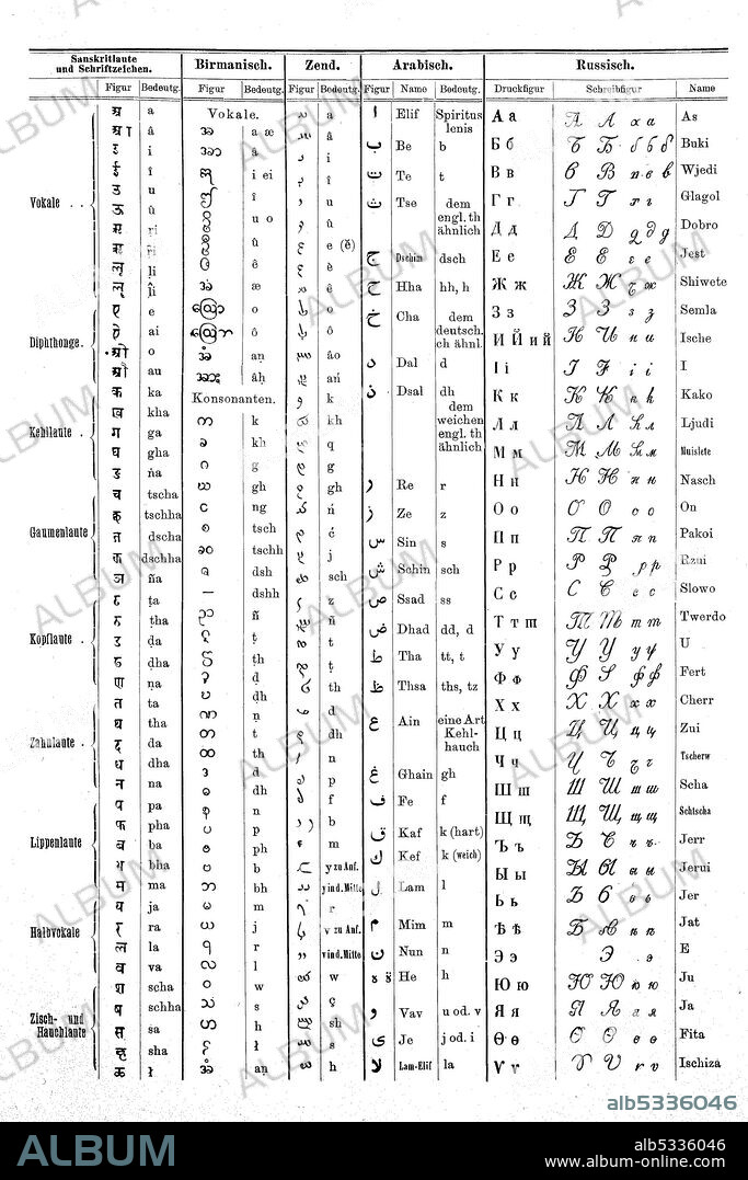 Different scripts, Sanskrit sounds and characters, Burmese, Zend, Arabic and Russian, alphabet  /  Verschiedene Schriften, Sanskritlaute und Schriftzeichen, Birmanisch, Zend, Arabisch und Russisch, Alphabet, Historisch, historical, digital improved reproduction of an original from the 19th century / digitale Reproduktion einer Originalvorlage aus dem 19. Jahrhundert.