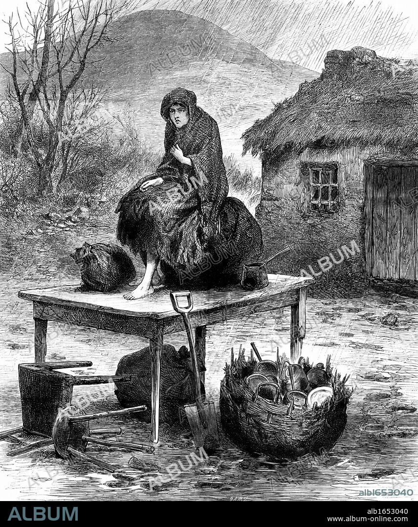 Potato Famine: Irish peasant girl guarding the family's last few possessions after eviction for non - payment of rent. From "The Illustrated London News", April 1886 Wood engraving.