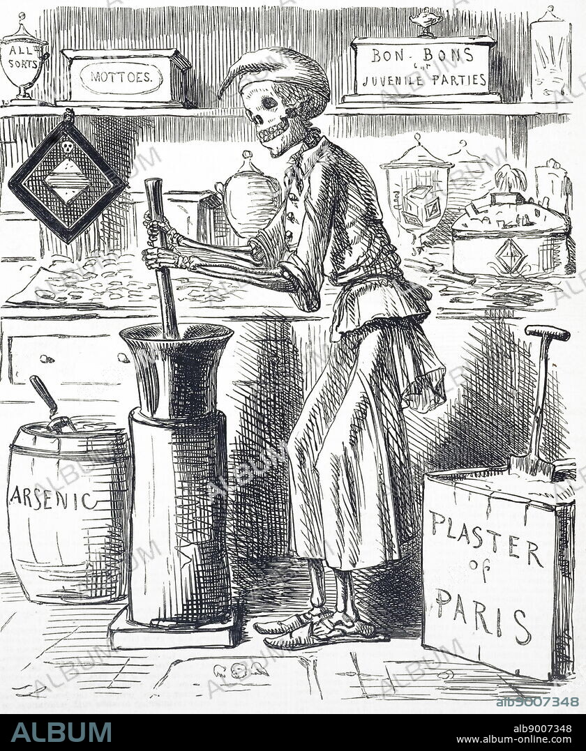 Cartoon titled 'Poisoning by Food Adulteration'. In November 1858 a confectioner bought Plaster of Paris from a druggist to add to lozenges. Instead of Plaster of Paris he was accidently sold arsenic. 20 died out of the 200-odd people poisoned. This case gave ammunition to those trying to get legislation against food adulteration through Parliament (Scholfield Act of 1859). Illustrated by John Leech (1817-1864) an English caricaturist and illustrator. Dated 19th century.