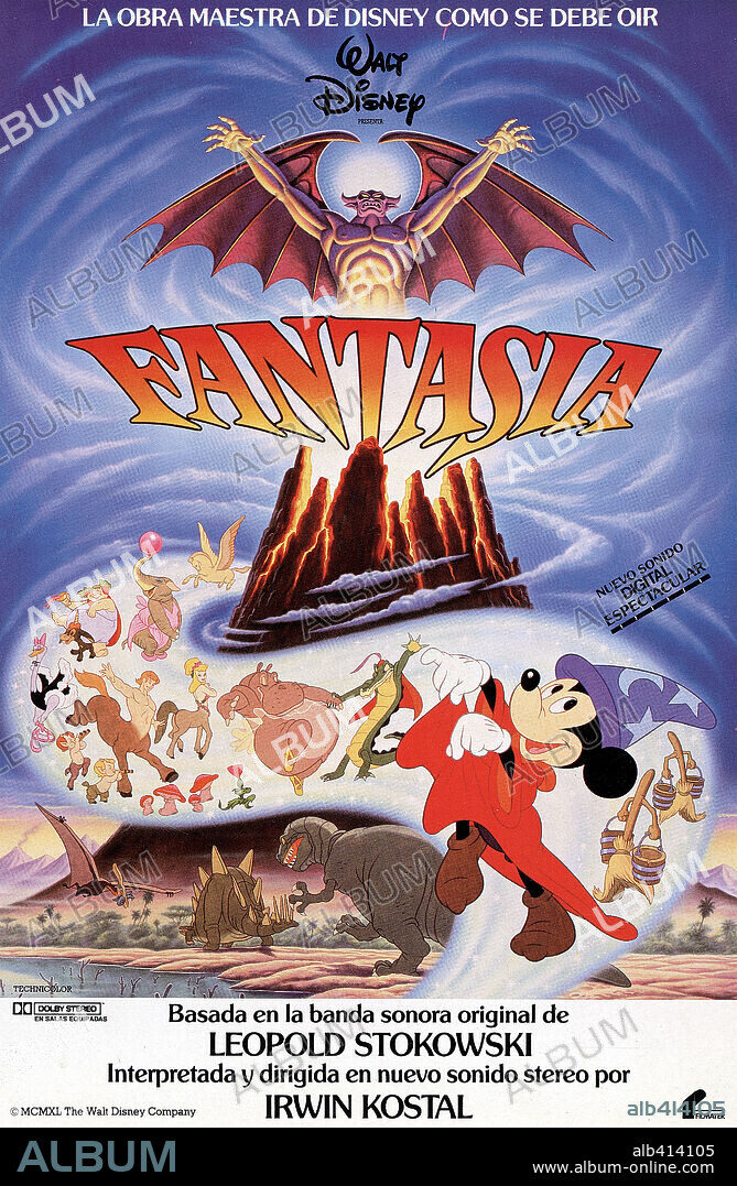 Poster of FANTASIA, 1940, directed by BEN SHARPSTEEN, FORD BEEBE, HAMILTON LUSKE, JAMES ALGAR, JIM HANDLEY, PAUL SATTERFIELD and WILFRED JACKSON. Copyright WALT DISNEY PRODUCTIONS.