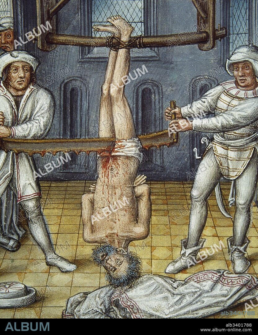 Profeta judio Isaías (S. VIII a. C). Miniatura de la pena de tortura para el profeta Isaías, que murió aserrado (partido) durante la persecución provocada por el rey Manasés". Museo Condé. Castillo de Chantilly. Francia.