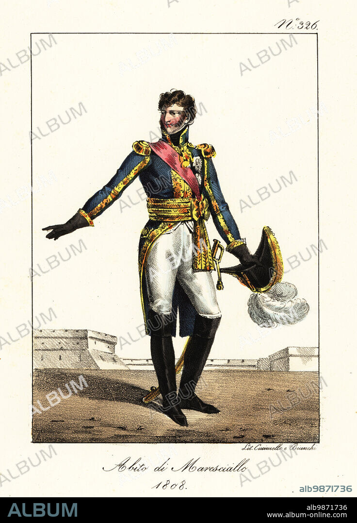 Ceremonial costume of a Marshal of the Empire, Napoleonic era, 1808. Bicorne with plumes, blue coat with gold epaulettes and embroidery, red sash, gold belt, breeches and boots, court sword. Costume de Marechal d'Empire, 1808, designed by artist Jean-Baptiste Isabey and designer Charles Percier. Handcoloured lithograph by Lorenzo Bianchi and Domenico Cuciniello after Hippolyte Lecomte from Costumi civili e militari della monarchia francese dal 1200 al 1820, Naples, 1825. Italian edition of Lecomtes Civilian and military costumes of the French monarchy from 1200 to 1820.