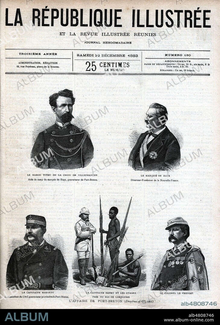 L'affaire de Port-Breton (Tentative malheureuse de colonisation de la Nouvelle-Irlande (Papouasie Nouvelle-Guinee) organisee par le Marquis Charles de RAYS (1832-1893) autoproclame quelques annees plutot CHARLES 1er empereur de l'Oceanie). Illustration anonyme pour La Republique illustree du 22 decembre 1883. Credit : Collection Kharbine-Tapabor.