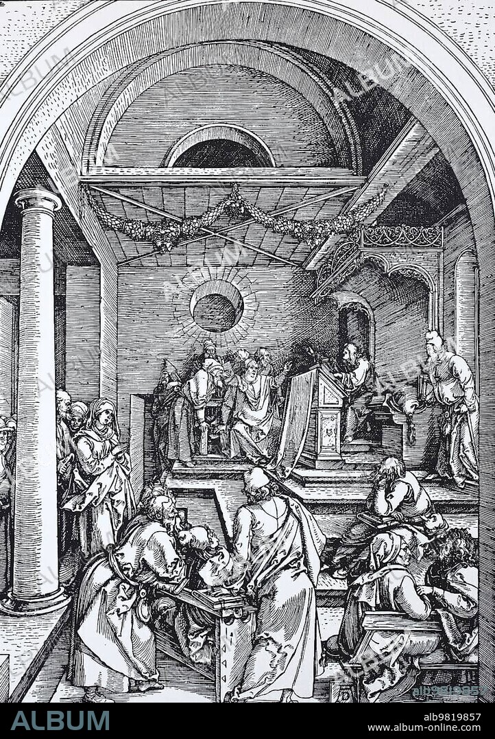 Picture cycle The Life of the Virgin, Christ among the Doctors in the Temple, woodcut by Albrecht Dürer, historical, digital improved reproduction of an old woodcut
