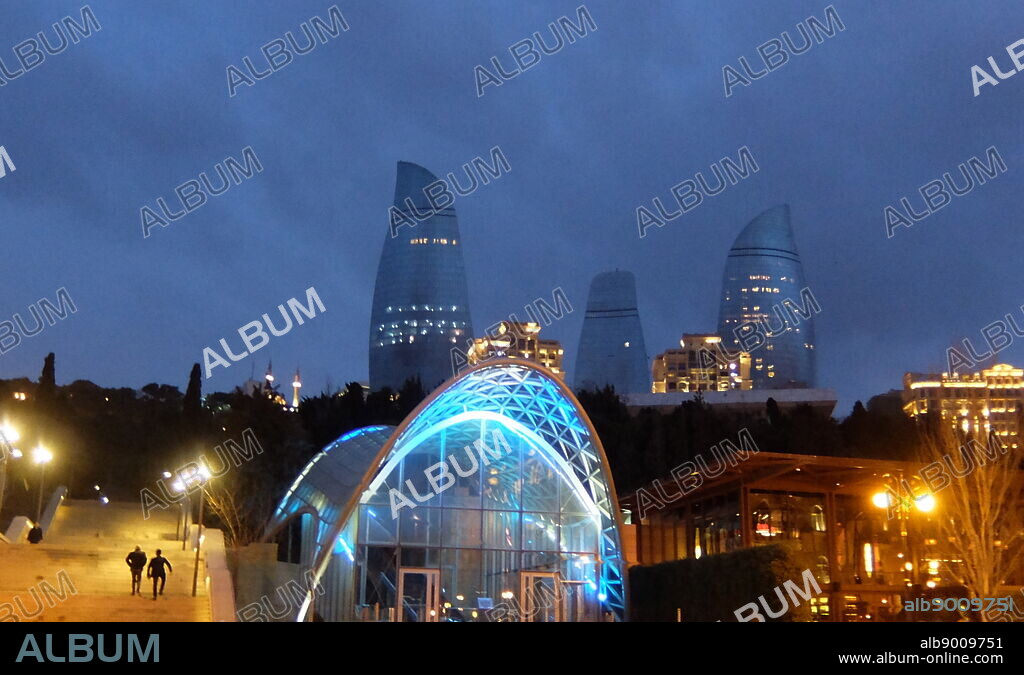 The Flame Towers, a trio of skyscrapers in Baku, Azerbaijan. The Towers symbolize the long history of fire worshippers that considered Azerbaijan as a birthplace for the prophet Zoroaster. Construction began in 2007, with completion in 2012.HOK was the architect for the project.