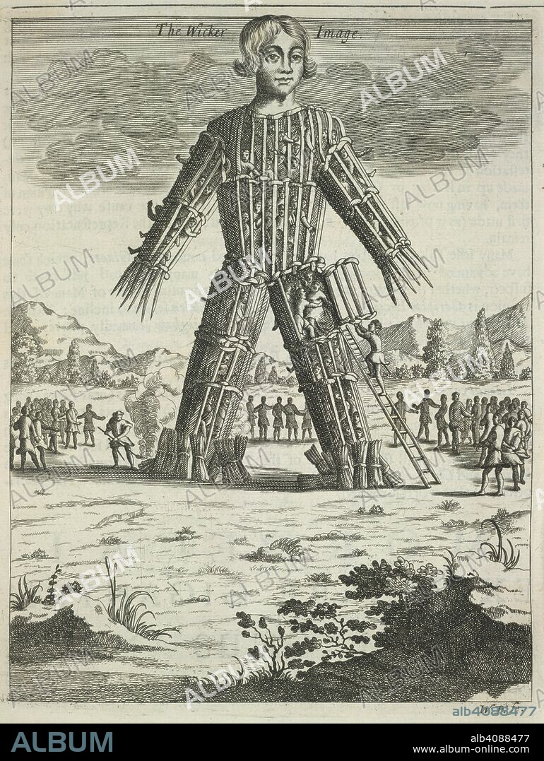 AYLETT SAMMES. A wicker man, filled with human sacrifices, waiting to be burned. The wicker man ritual was described by Julius Caesar in Book Six of The Gallic War, in which he describes the customs of the Celts of Gaul. Britannia Antiqua Illustrata: or, the antiquities of Ancient Britain, with a chronological history of this kingdom, etc. For the author: London, 1676. Source: C.83.k.2, opposite 105. Language: English.