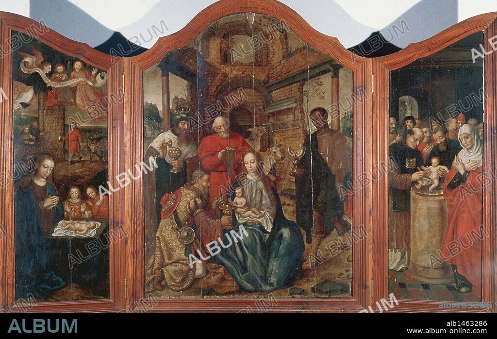 ARTE RENACIMIENTO. ESPAÑA. TRIPTICO FLAMENCO del s. XVI donde es representada, en la tabla central, "LA ADORACION DE LOS REYES". Se encuentra en la IGLESIA DE TAGANANA. TENERIFE. Provincia de Santa Cruz de Tenerife. Canarias.