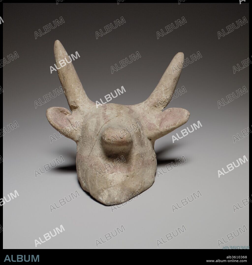Terracotta mask in the form of a bull. Culture: Cypriot. Dimensions: H. 3 1/4 in. (8.3 cm). Date: ca. 600-480 B.C..
The mask is handmade. It has prominent horns, ears, and muzzle.