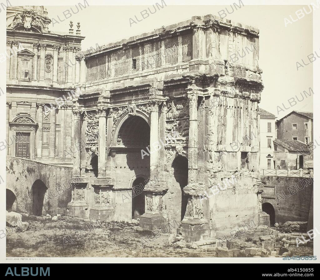 Arc de Septime Sévère, Rome. Bisson Frères (Louis-Auguste Bisson, French, 1814-1876 and; Auguste-Rosalie Bisson, French, 1826-1900). Date: 1854-1855. Dimensions: 36.8 × 44.9 cm (image/paper); 51.5 × 69.3 cm (mount). Albumen print, from the album "Reproductions photographiques des plus beaux types d'architecture et de sculpture". Origin: France.