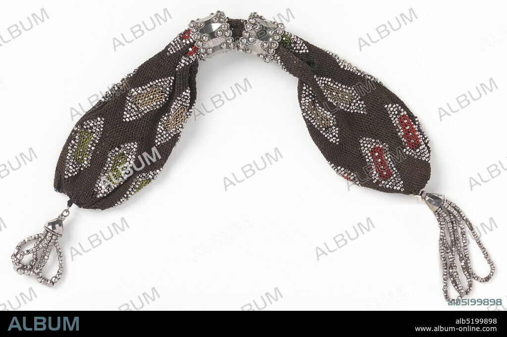 Miser's purse, Medium: silk, steel Technique: beaded netting, Netted silk of very dark brown with rectangular inserts of green, tan and red in rectangular patterns, which are outlined with beads of cut steel. Two ornate rings of cut steel control side opening; steel tassels (one twice as long as the other) at each end., France, 181030, costume & accessories, Miser's purse.