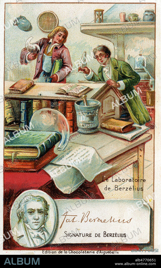 BERZELIUS JONS JACOB (1779-1848) , chimiste suedois, inventeur de la chimie moderne, dans son laboratoire. Chromo fin 19eme. petites images enfantines souvent publicitaires. Credit COllection GROB/KHARBINE TAPABOR.