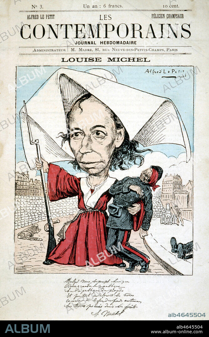 'Louise Michel' (183O-1905). Un fusil a la main, et coiffee d'une cornette, elle soutient un garde blesse. Illustration de 1871 par d'Alfred LE PETIT (1841-1910) pour les Contemporains. Credit : Collection Kharbine-Tapabor.