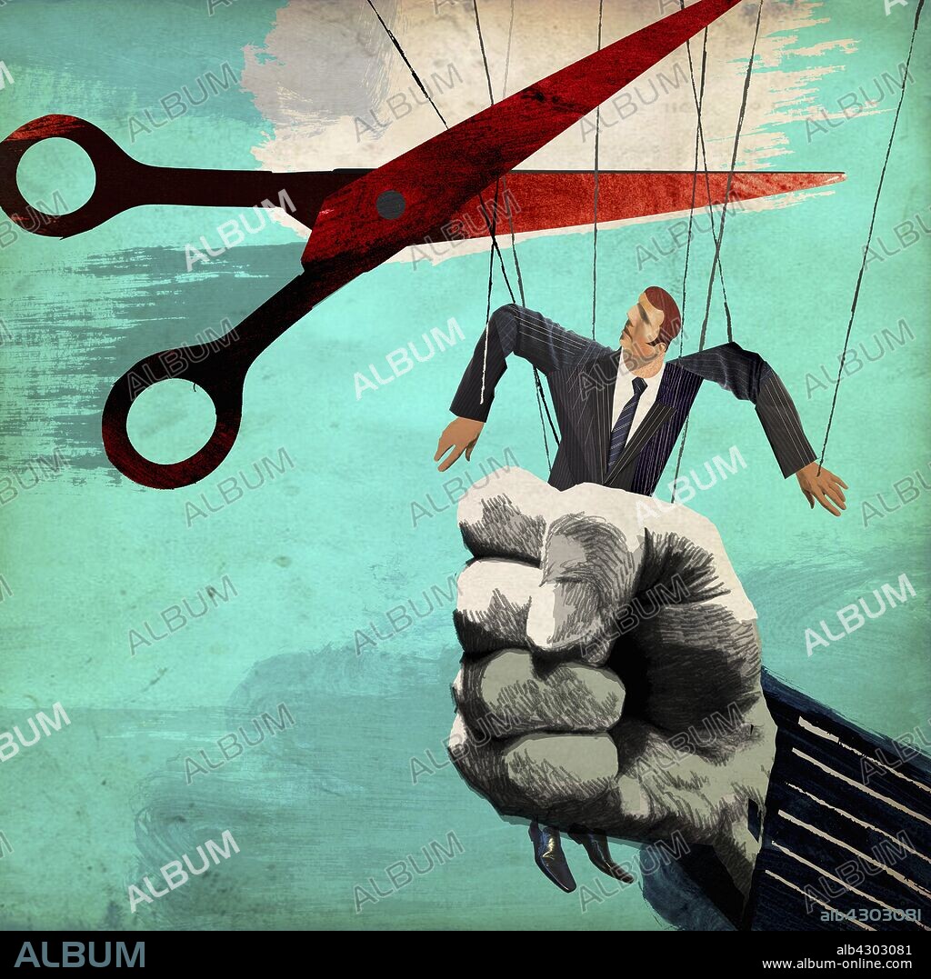 Scissors cutting puppet strings from businessman being squeezed in large fist.