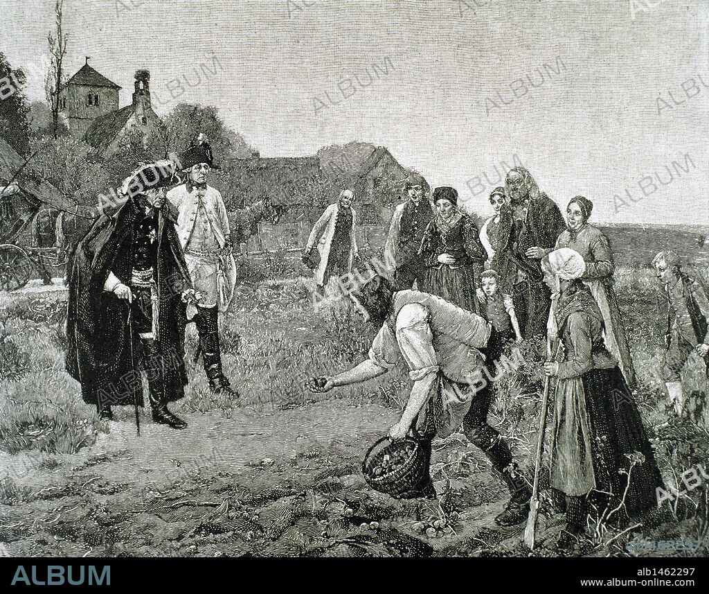 FEDERICO II EL GRANDE (1712-1786). Rey de Prusia. El rey visitando a los campesinos mientras trabajan sus tierras. Grabado de 1887, obra de Herver & Kirmse.