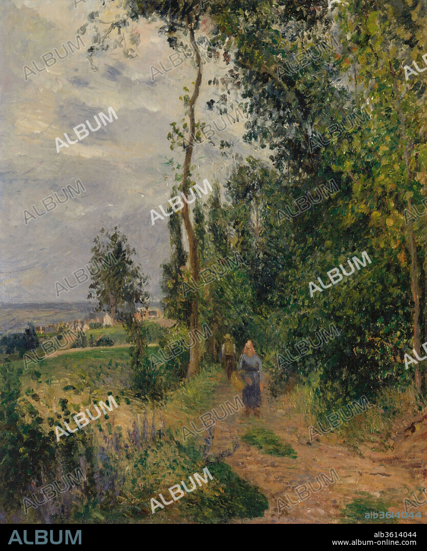 Côte des Grouettes, near Pontoise. Artist: Camille Pissarro (French, Charlotte Amalie, Saint Thomas 1830-1903 Paris). Dimensions: 29 1/8 x 23 5/8 in. (74 x 60 cm). Date: probably 1878.
The patch of purple flowers at the lower left adds a sprightly note to this canvas, which probably dates to the spring of 1878. Featuring strollers on a path, it is typical of Pissarro's views of Pontoise and its surroundings, almost all of which show the peasants who worked the land or lived in the village. Pissarro painted in the region for almost two decades, beginning in 1866; the site of this scene was identified by his son, Ludovic-Rodo, although it cannot be pinpointed today.