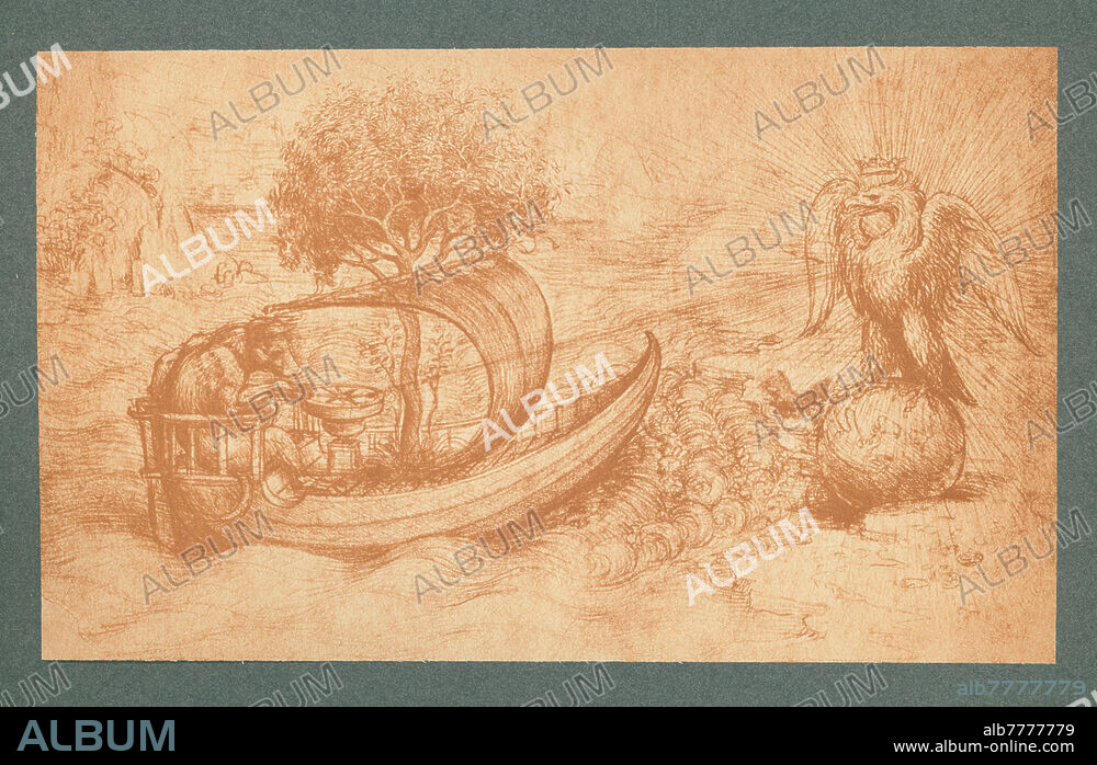 Leonardo da Vinci; 1452-1519. "Allegorische Darstellung". Faksimile des Originals "Allegorie mit einem Wolf und einem Adler", um 1508/10 (Rötel auf braungrau präpaiertem Papier, 170 x 280 mm. Windsor Castle, Royal Library, RL 12496 r, RCIN 912496). Reproduktion im Kohledruckverfahren nach Fotografie der Photographischen Kunstanstalt Adolphe Braun (Adolphe Braun, 1812-1877, unter Mitarbeit von Charles Braun, 1815-1872, Henri Braun, 1837-1876, und Gaston Braun, 1845-1928). Aus der Mappe: Handzeichnungen von Leonardo da Vinci. Reproduziert und herausgegeben von Braun und Cie., Paris, Dornach (Elsaß), London und New York, o. J., Erster Teil, 60 Handzeichnungen auf 40 Tafeln in einer Mappe vereinigt, Nr. 17 b. Privatsammlung.