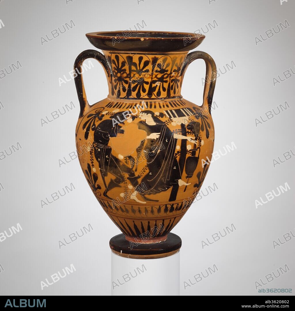 Terracotta neck-amphora. Culture: Greek, Attic. Dimensions: H. 10 1/4 in. (26 cm). Date: early 5th century B.C..
Obverse, man seizing woman at a fountain house
Reverse, Dionysos on donkey and maenad
While Dionysos is riding along peaceably on the reverse, his influence has extended to the situation on the obverse. Dressed in boots and a garment wrapped around his lower body, the man seems to be an artisan or laborer.