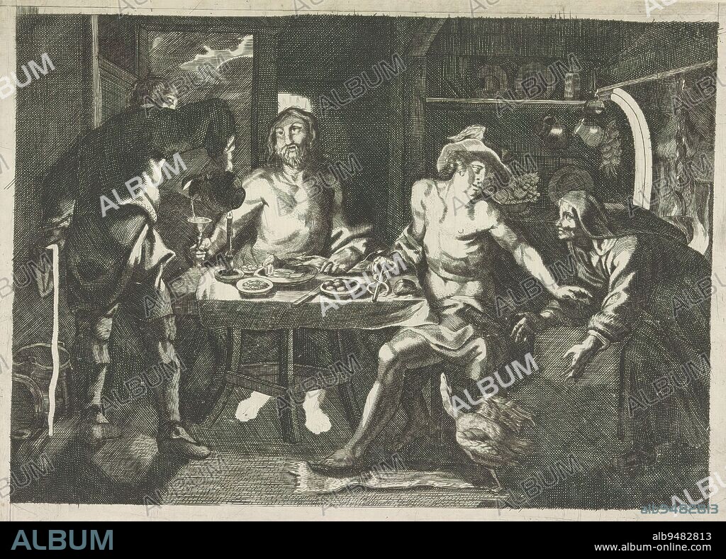 Philemon and Baucis, Metamorphoses of Ovid (series title), Jupiter and Mercury are sitting at table in the house of Philemon and Baucis. Baucis tries to grab the fleeing goose in order to slaughter it, after which Mercury reveals his identity to her., print maker: anonymous, after print by: Cornelis Galle (I), after painting by: Jan van den Hoecke, c. 1636 - 1670, paper, engraving, height 181 mm × width 230 mm.