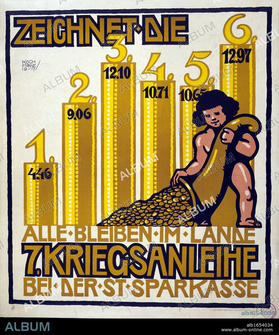 World War I 1914-1918: German 7th War Loan poster, 1917. Putti pours gold coins out of a cornucopia, in background results of previous loans. Text says subscribe at your local bank. All funds will stay in the country.