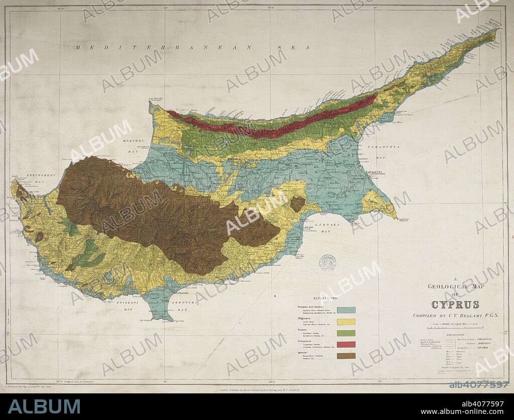 A geological map of Cyprus. A Geological Map of Cyprus. Compiled by C.V. Bellamy, F.G.S. Scale, 1 : 348,480. 5 1/2 English miles to 1 inch. (A Key to the Geological Map of Cyprus. Compiled by C.V. Bellamy, etc. pp. 16). London : E. Stanford, 1905. Source: Maps 47686.(2.). Language: English.