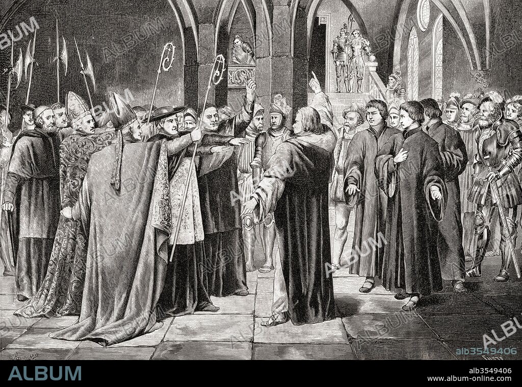 Martin Luther at The Diet of Worms, Germany in 1521. Martin Luther, 1483 – 1546. German professor of theology, composer, priest, monk and a seminal figure in the Protestant Reformation. After a 19th century print.