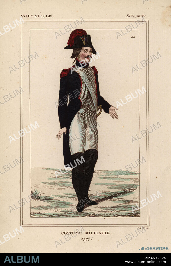 French military uniform, Directory era, 1797. Handcoloured lithograph from Le Bibliophile Jacob aka Paul Lacroix's Costumes Historiques de la France (Historical Costumes of France), Administration de Librairie, Paris, 1852.