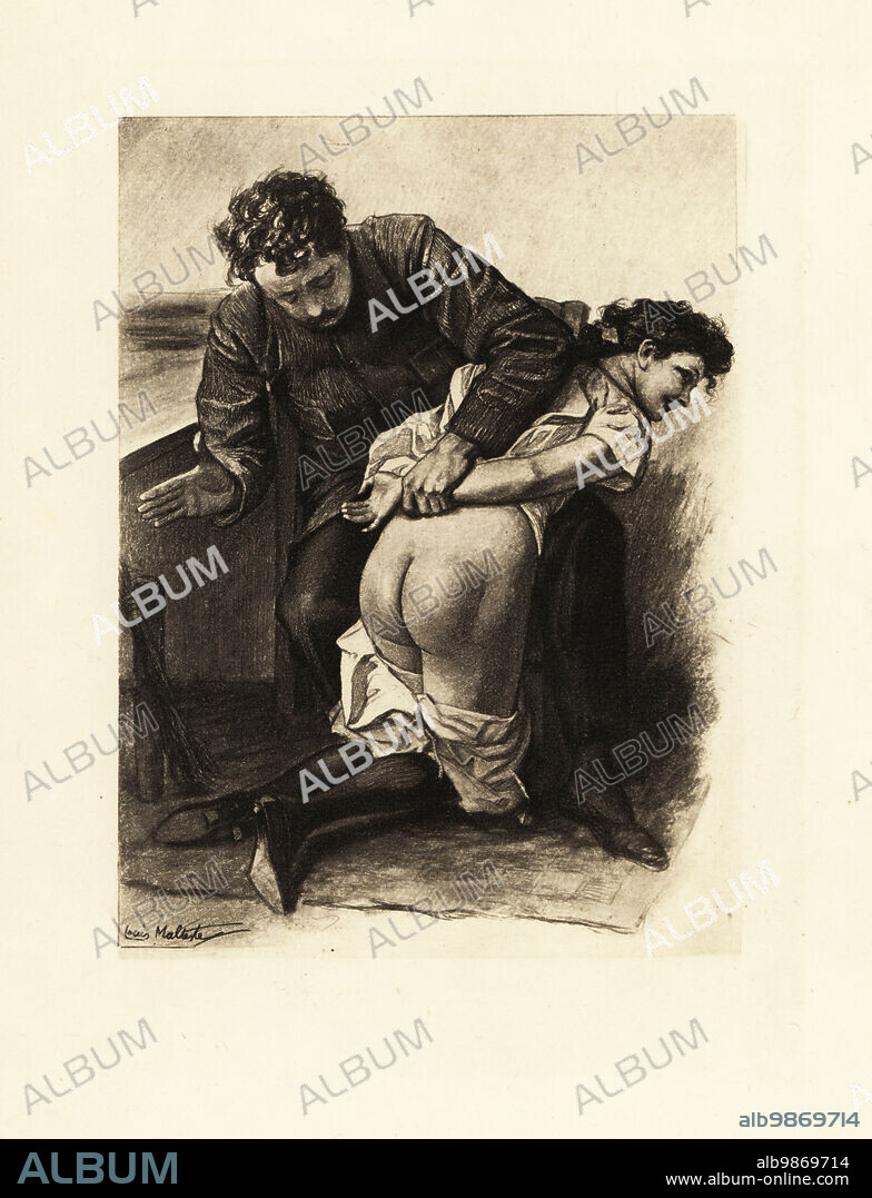 Man spanking a girl's naked buttocks. A birch is propped up under the table. Photogravure after an illustration by Louis Malteste from Jacques dIcys Qui Aime Bien ou la flagellation dans la vie moderne, Jean Fort, Paris, 1912.