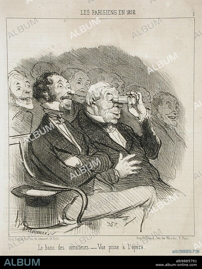 HONORÉ DAUMIER. Le Banc des Amateurs, 1852. Vue prise à l'opéra. The Theatre-Lovers' Seats. Scene at the opera. Series: Les Parisiens en 1852, no. 3; Periodical: Le Charivari, 15 January 1852.