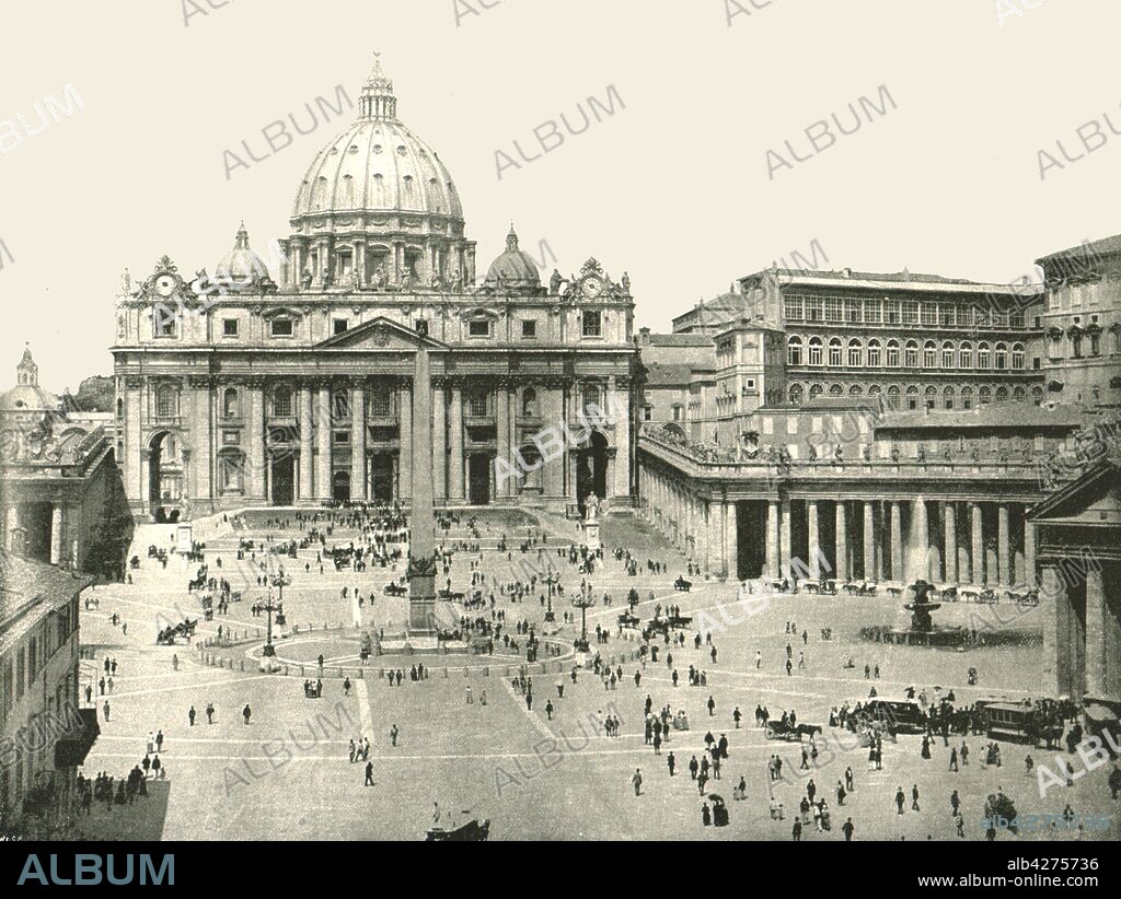 St Peter's Basilica and the Vatican, Rome, Italy, 1895. View of St Peter's Square and the basilica of St Peter's, Italian Renaissance church in Vatican City, the papal enclave within the city of Rome. From "Round the World in Pictures and Photographs: From London Bridge to Charing Cross via Yokohama and Chicago". [George Newnes Ltd, London, 1895].